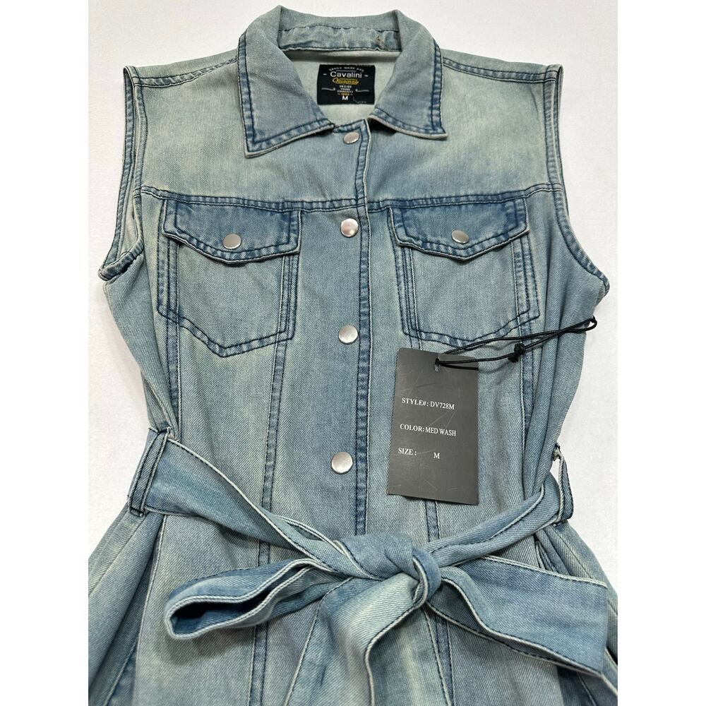 NWT Cavalini Light Wash Denim Sleeveless Belted Denim Shirt Dress Size Medium - Picture 7 of 11